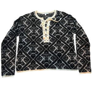 Vintage Piperlime Jacquard Knit Lace-Up Neck Sweater Black/White Women’s Small